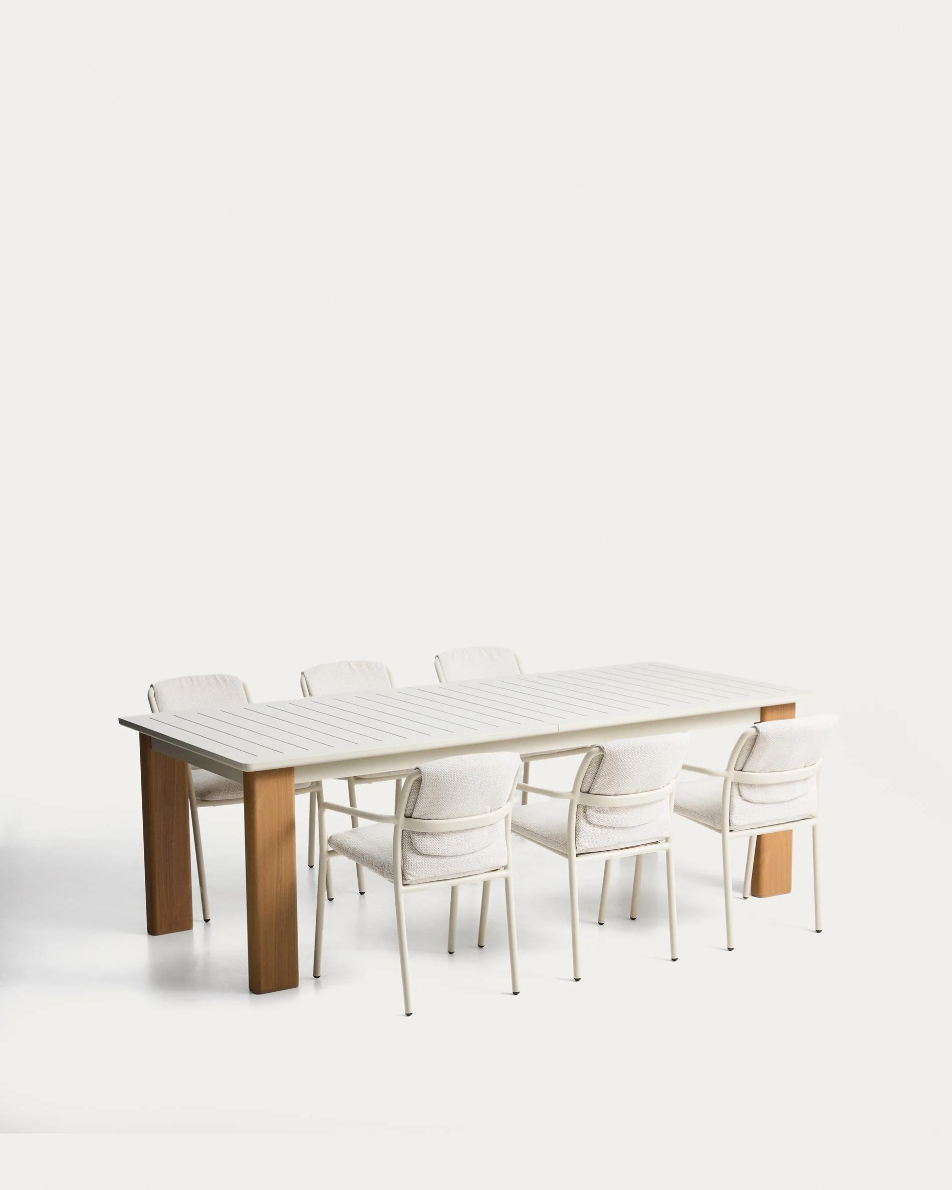 Set Livorno extendable table beige aluminium with wood-effect legs and 6 Linosa stackable chairs ecru aluminium with beige cushion 205(287)x100 cm