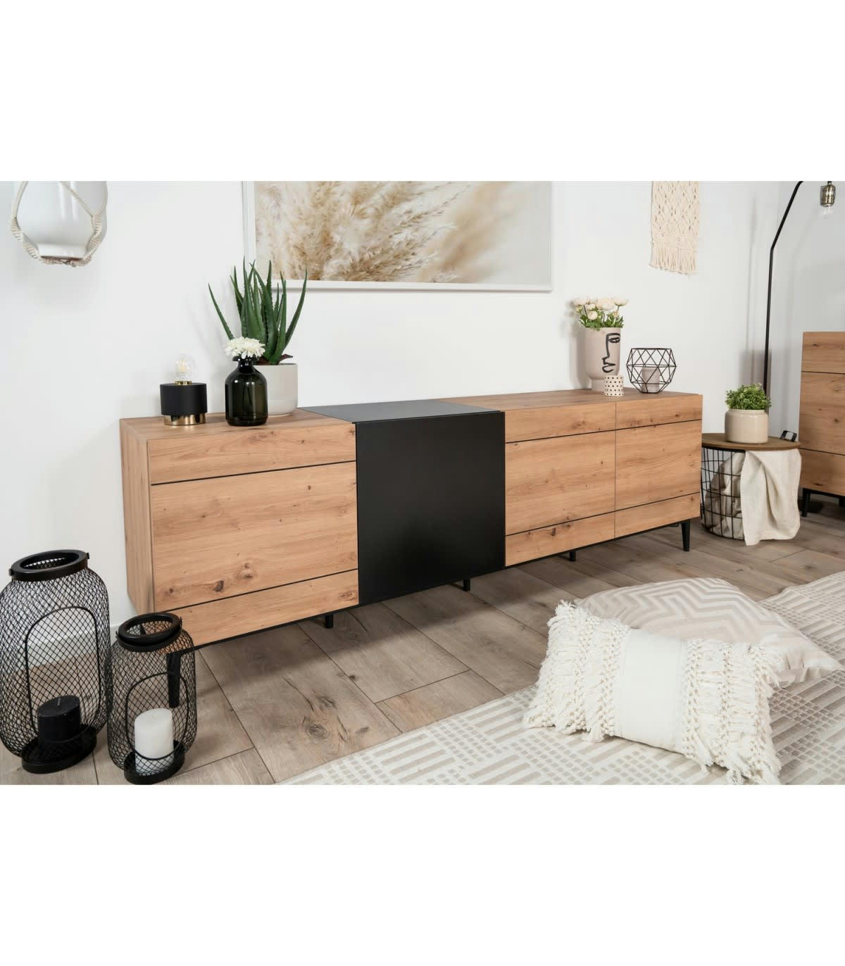 NOLA - Buffet Bas 4 Portes L200 cm - Décor bois et noir