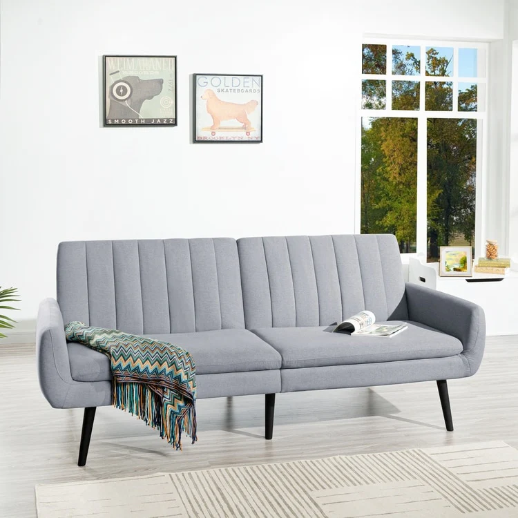 Modern Futon Sofa Bed, Convertible Sofa Futon, Split Back Linen Sleeper Couch for Living Room