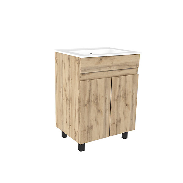 Ensemble sous vasque à poser effet chêne industriel 2 portes   vasque blanche, l.60 cm, Galedo Timber