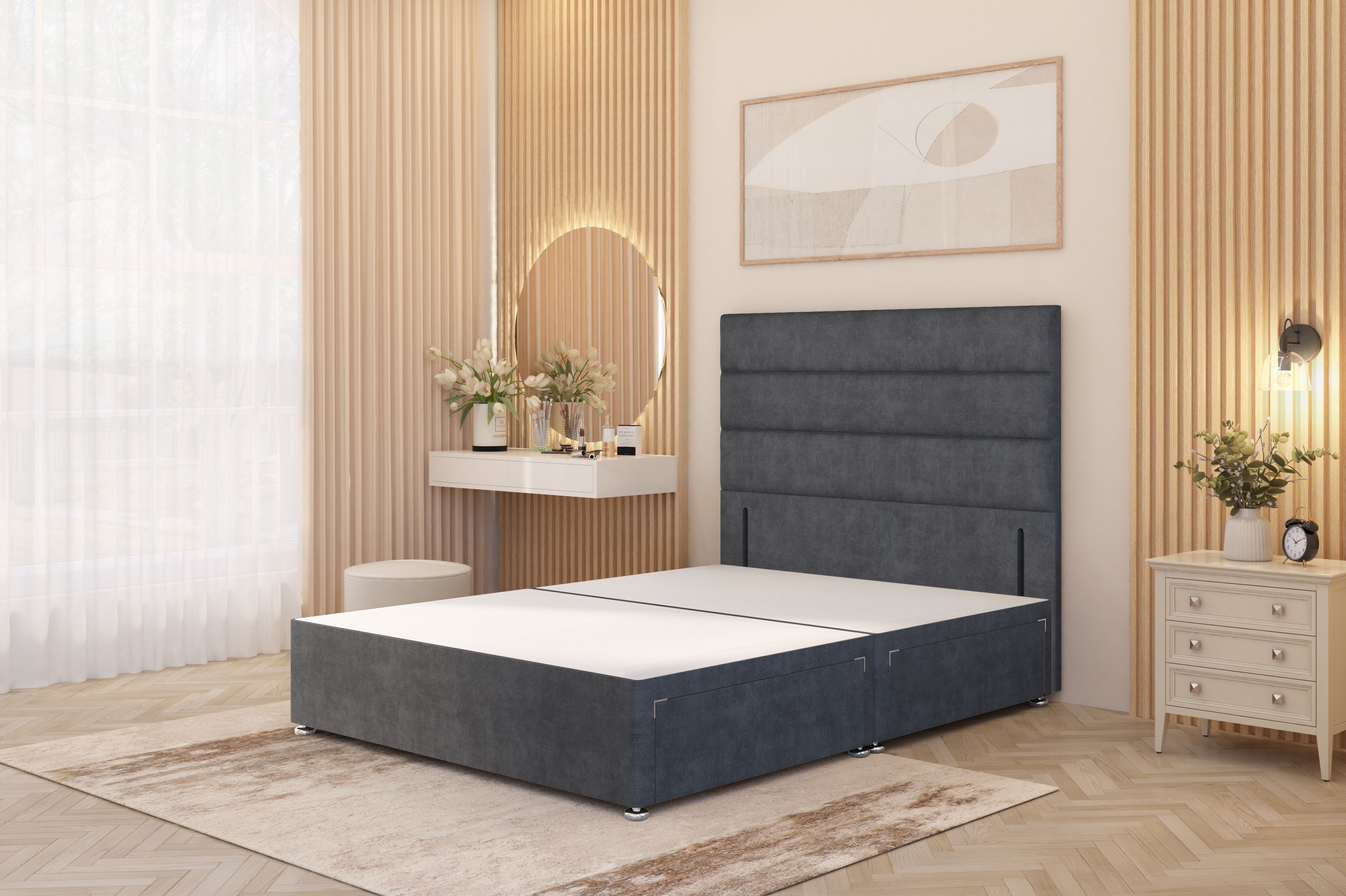 Somnior Chambery Divan Bed Frame 4 Draw with Floor Standing Headboard Velvet