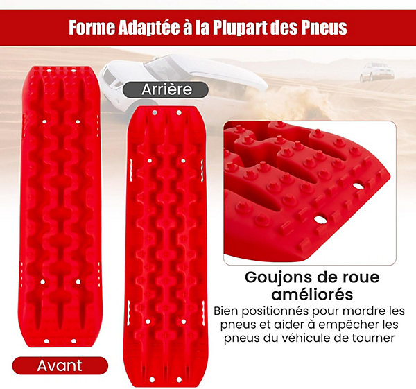 2 Tapis de Traction Charge 10T Planches de Récupération Tout Terrain Plaque de Déblocage Contre Sable Boue Neige Rouge