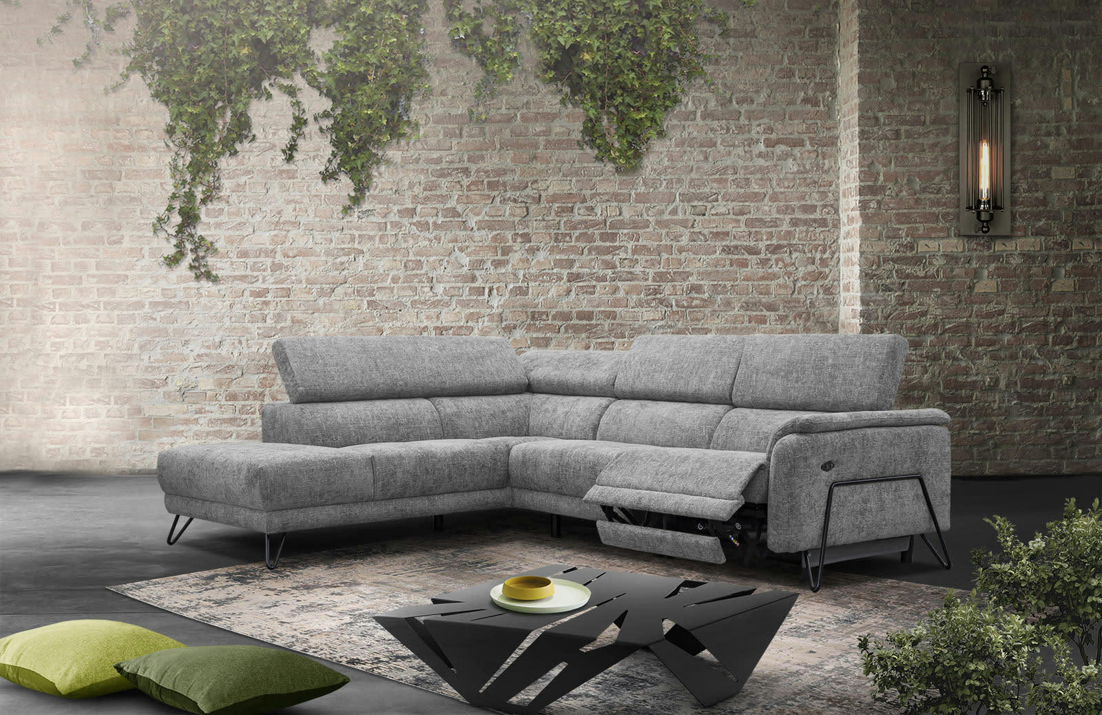 RODEN - Canapé d'angle gauche 5 places avec une relax électrique tissu gris