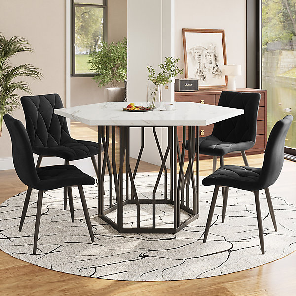 Ensemble table et chaises 115,5x100x75 cm hexagonale effet marbre avec 4 chaises velours noir et pied métal