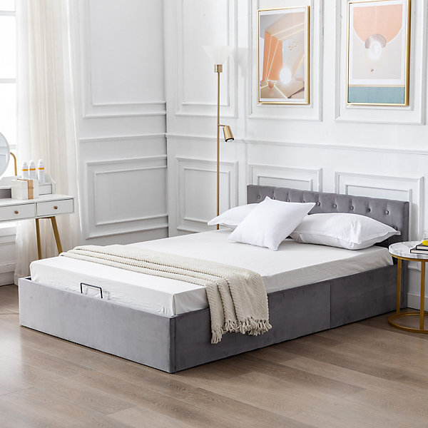Lit 140x200 cm avec tête de lit capitonnée et rangement hydraulique, tapissé velours gris pour chambre moderne et élégante
