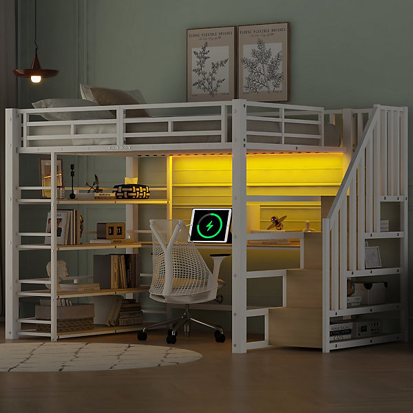 Lit Mezzanine Double 140x200 cm - éclairage LED et Escaliers Sécurisés, Bureau Intégré et Rangements, sans Matelas - Métal Blanc
