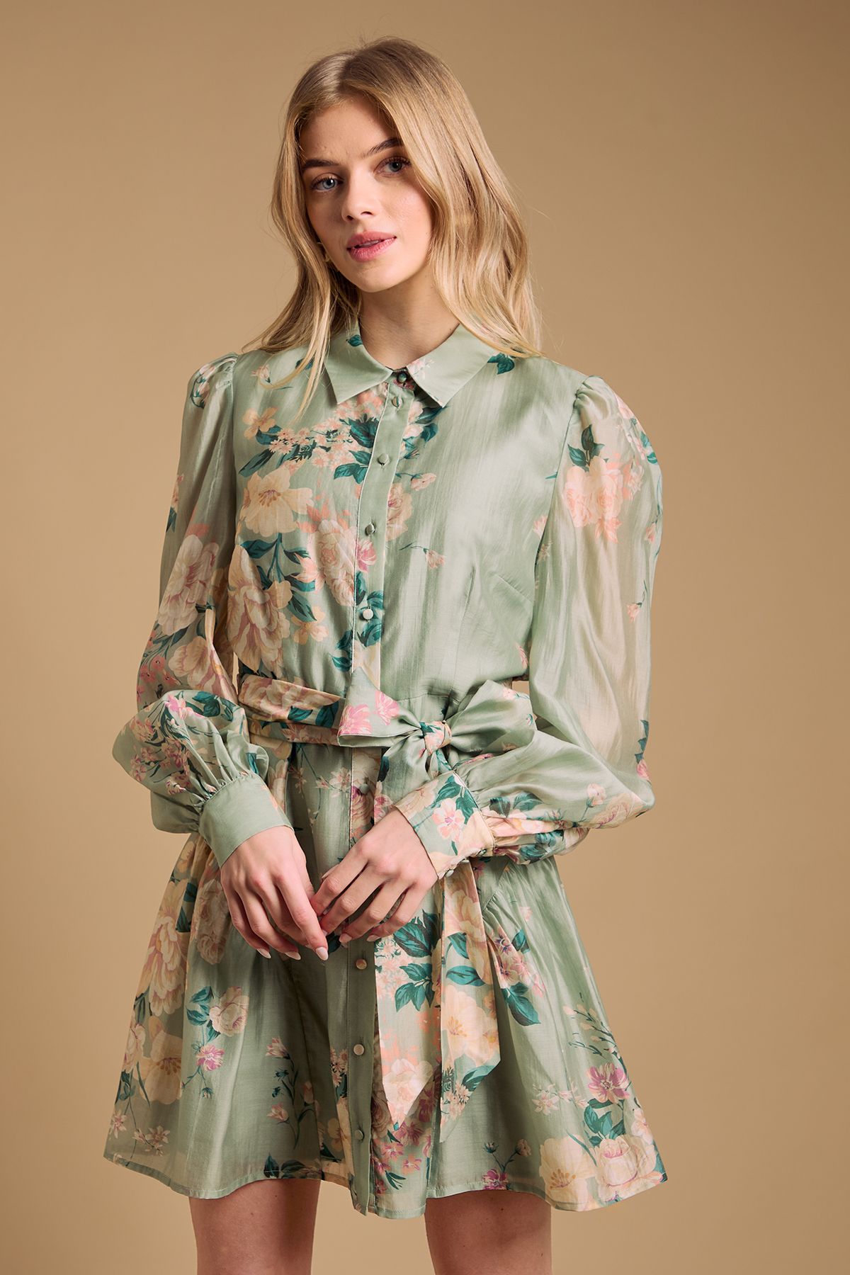 Oasis Belt Detail Volume Sleeve Shirt Dress