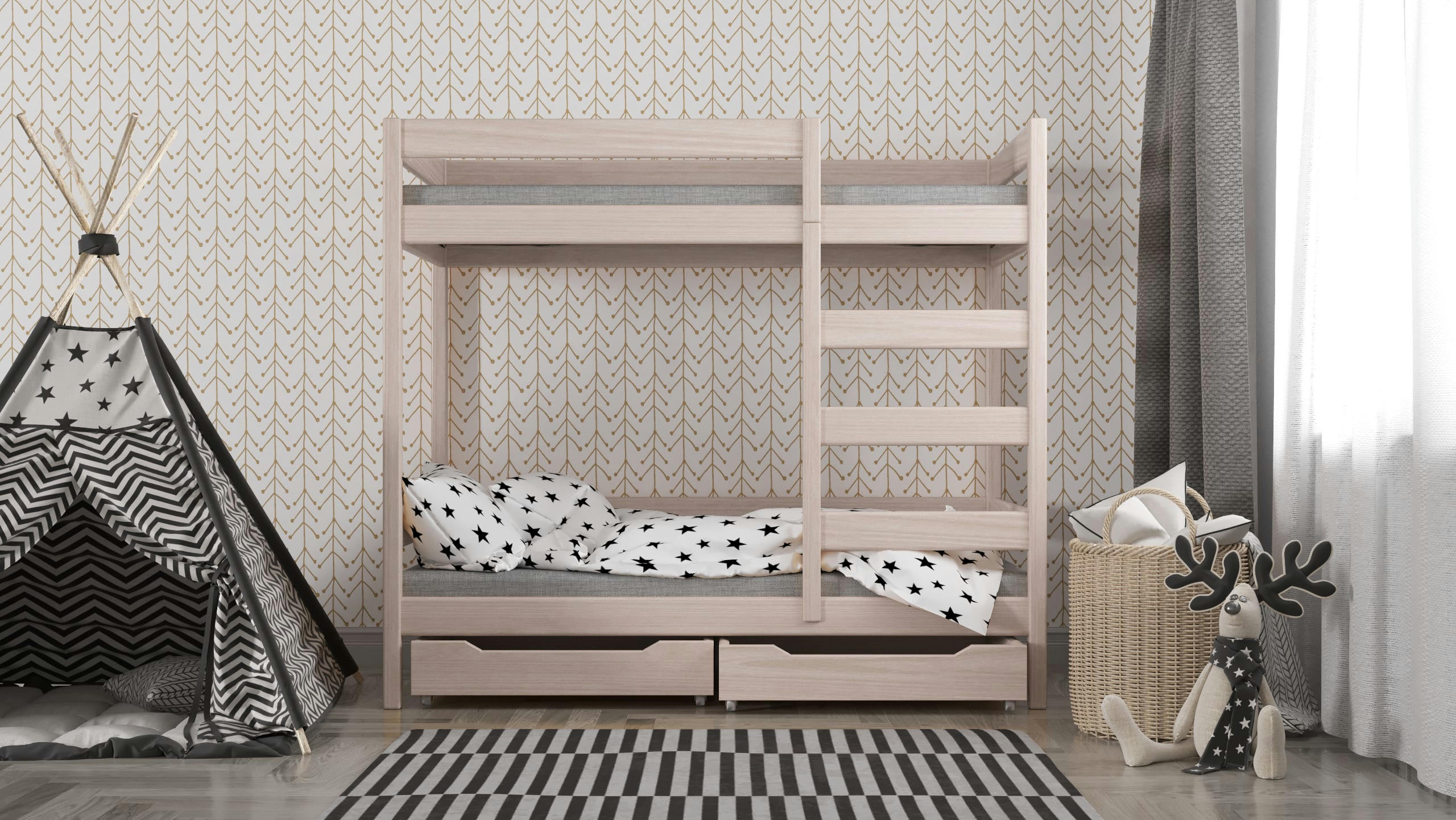 - Lit superposé en pin massif 180x80 chêne blanchi