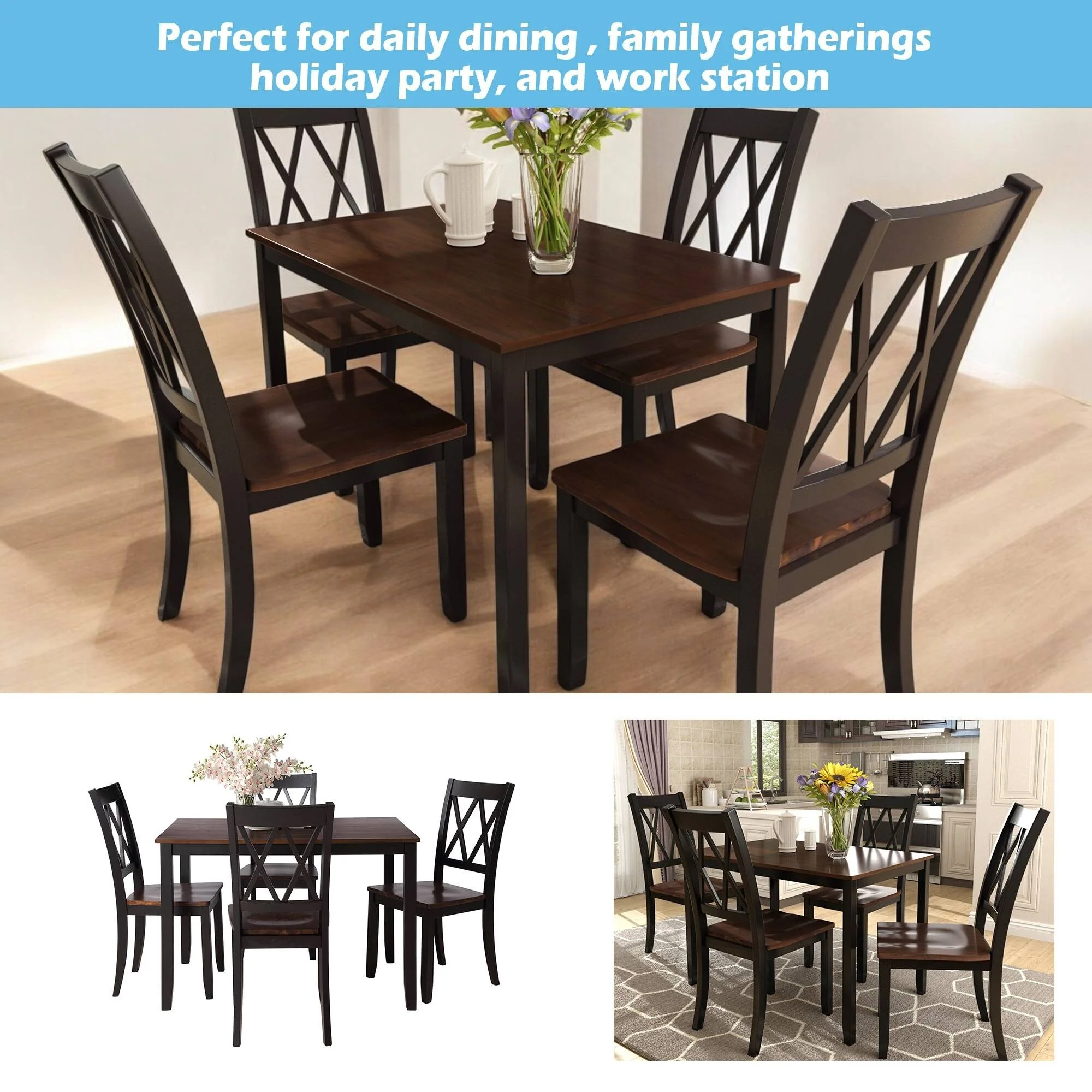 5-Piece Solid Wood Farmhouse Dining Set with Ergonomic Chairs and Waterproof Acacia Top for Dining Room and Kitchen