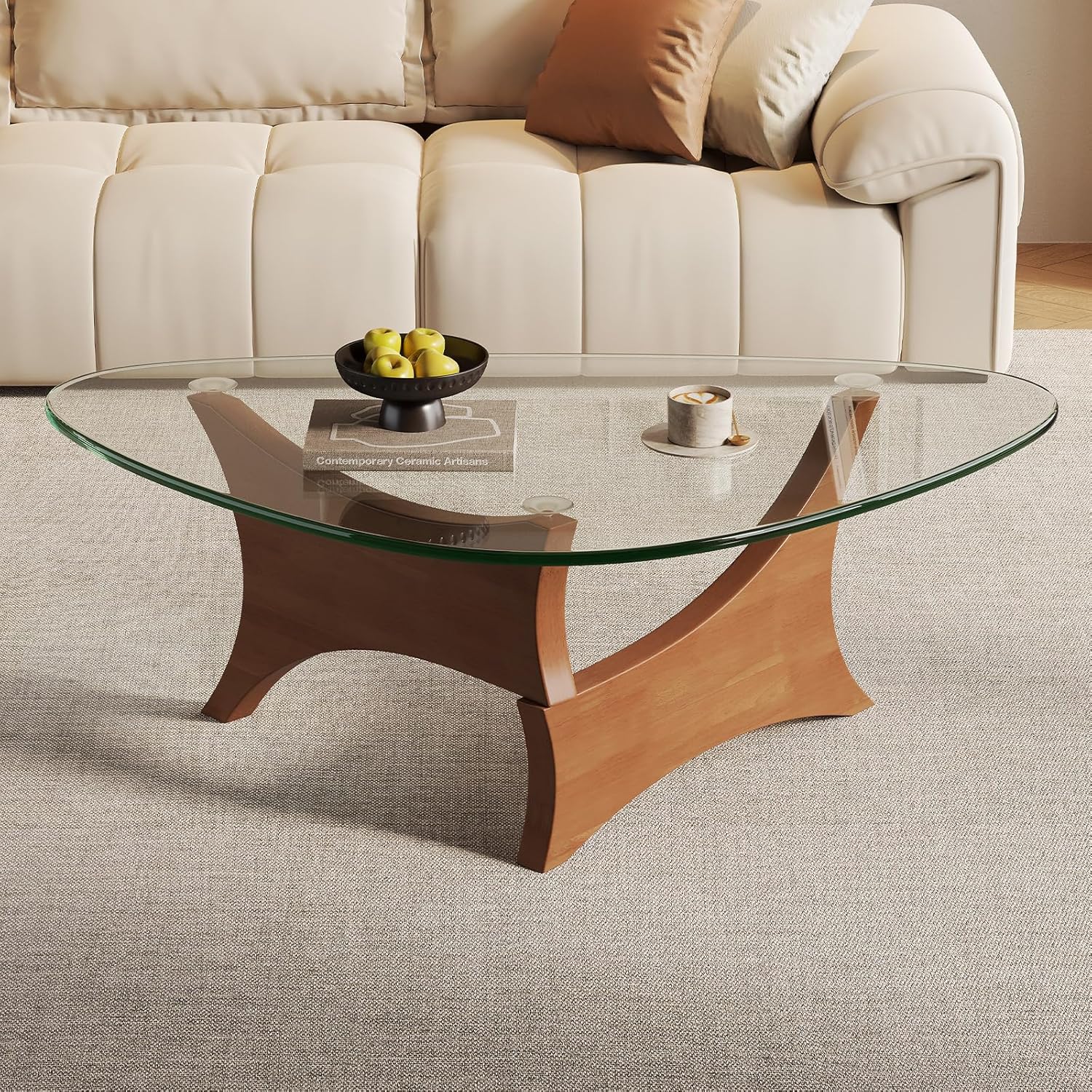 Glass Coffee Table Mid-Century Modern Coffee Table for Living Room Center Table Suitable for Bedroom Living Room Reception Office Tables（Walnut/Transparent，Medium）