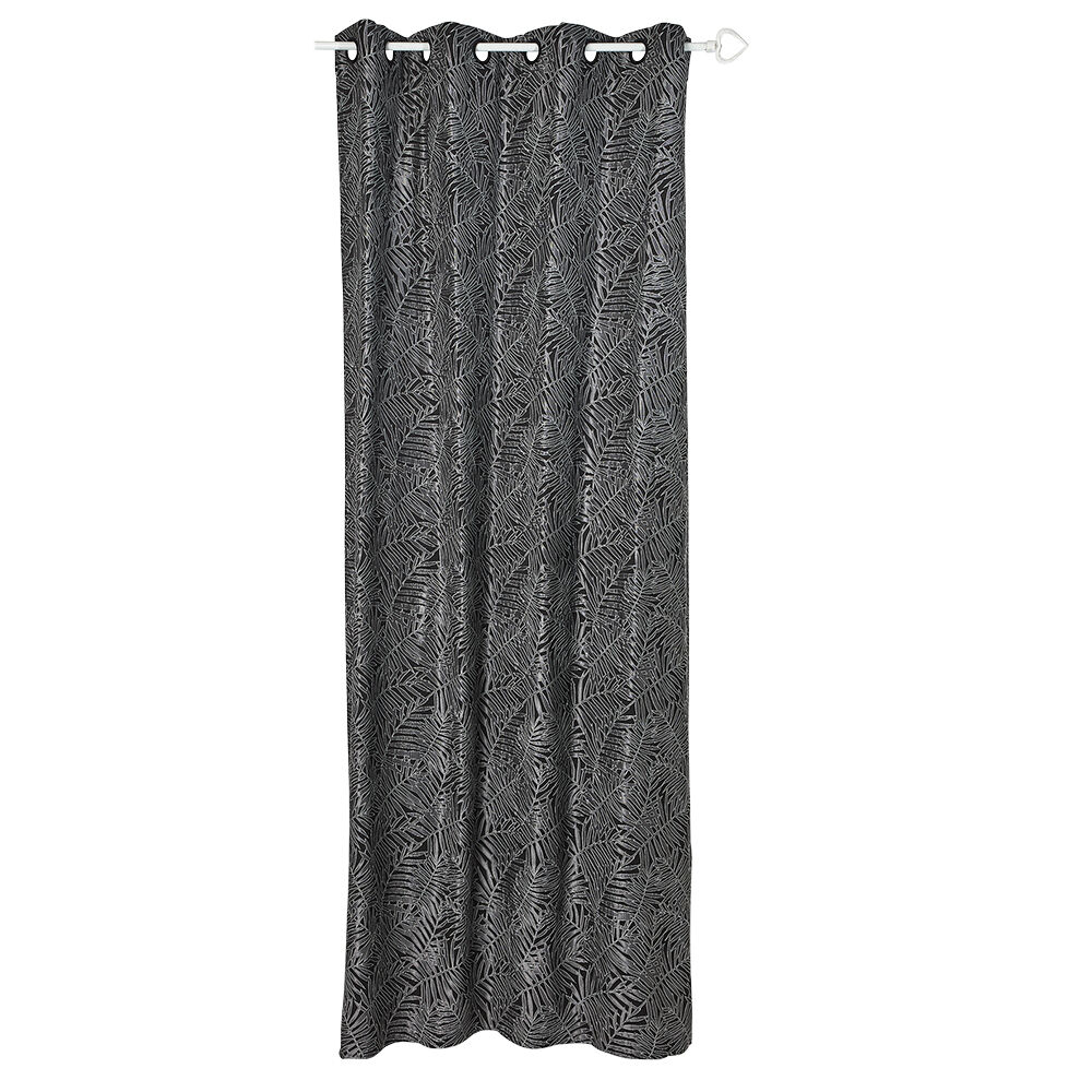 Rideau jacquard à oeillets motif feuille tropicale noir et gris