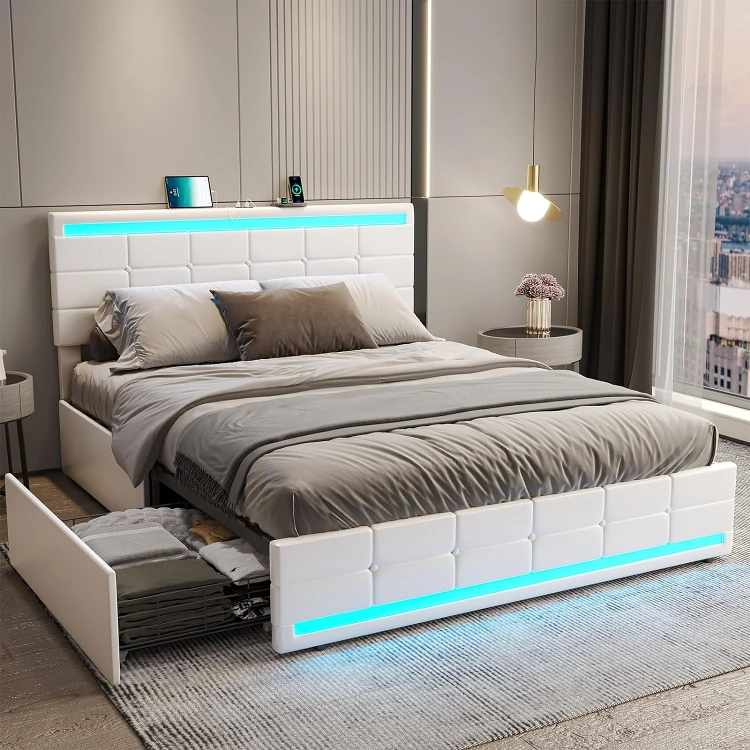 LED Bed Frame Platform Bed 2 USB Ports 4 Storage Drawers