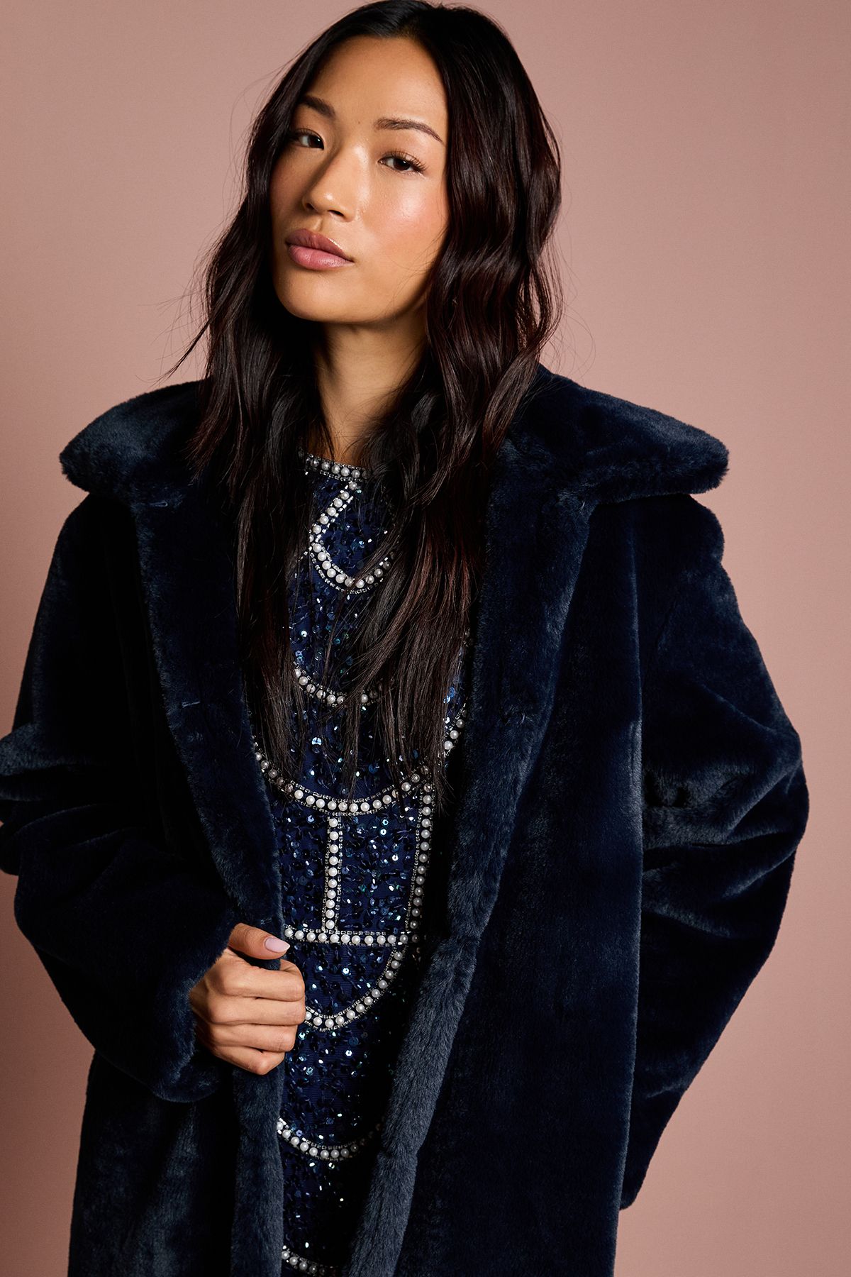 Coast Navy Faux Fur Longline Collared Coat