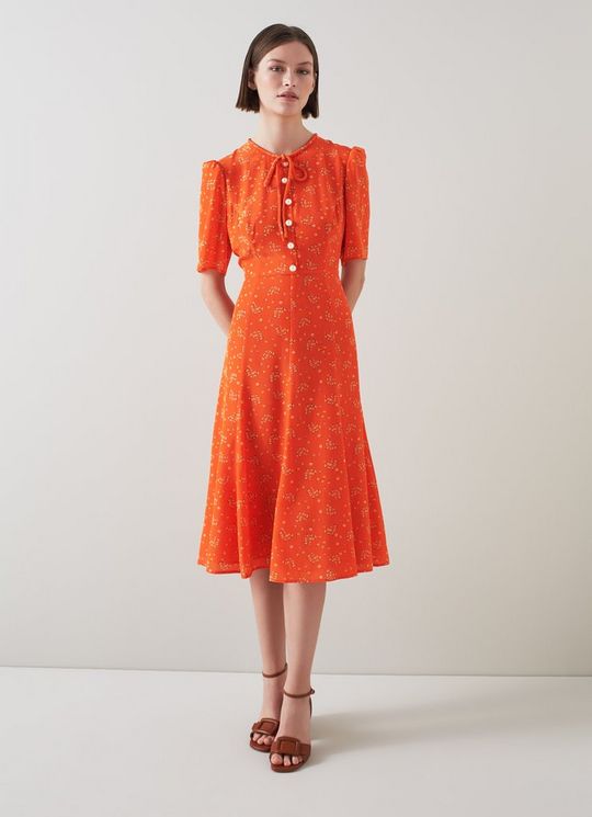 Montana Orange Flower Bow Print Silk Tea Dress