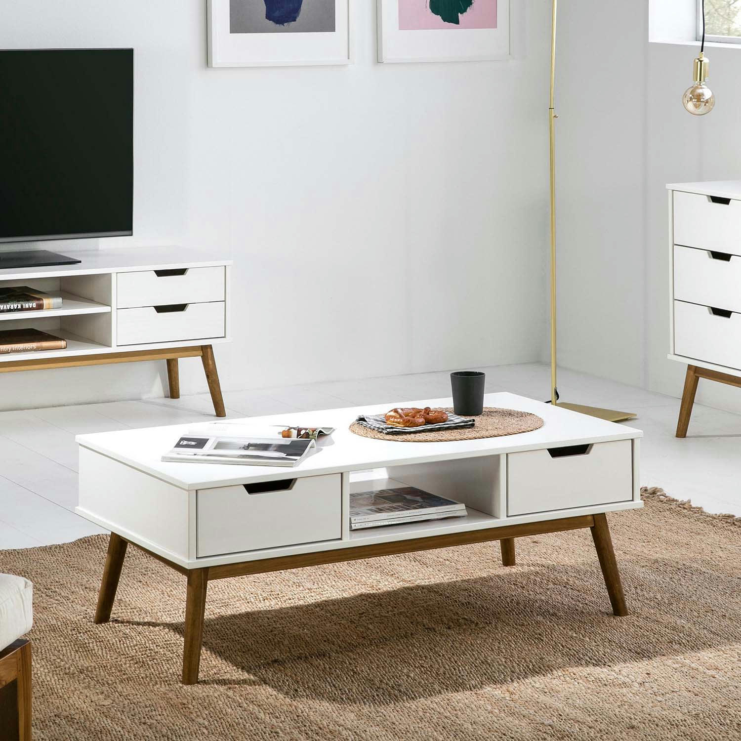 BAKU - Table basse blanc, fabriqué en bois de pin massif, 2 tiroirs, 110 cm