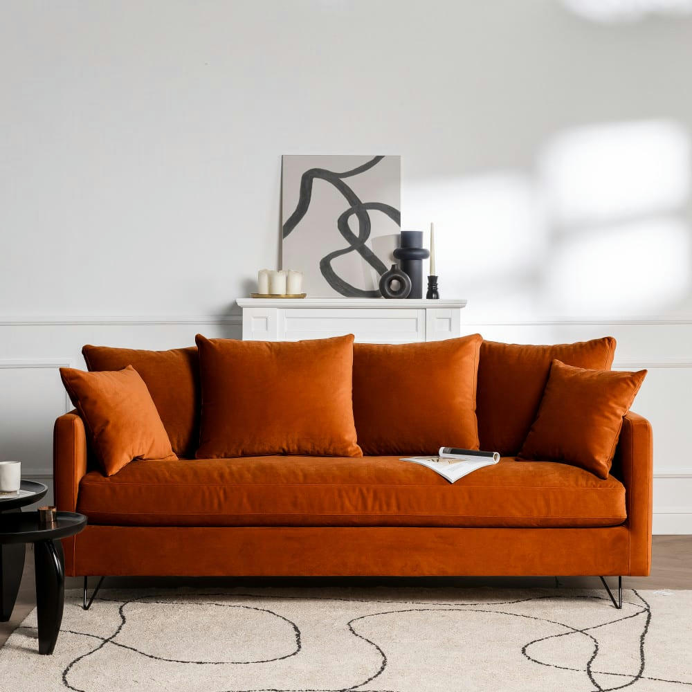 VILLABON - Canapé convertible 3 places en velours pieds épingles noirs rouille