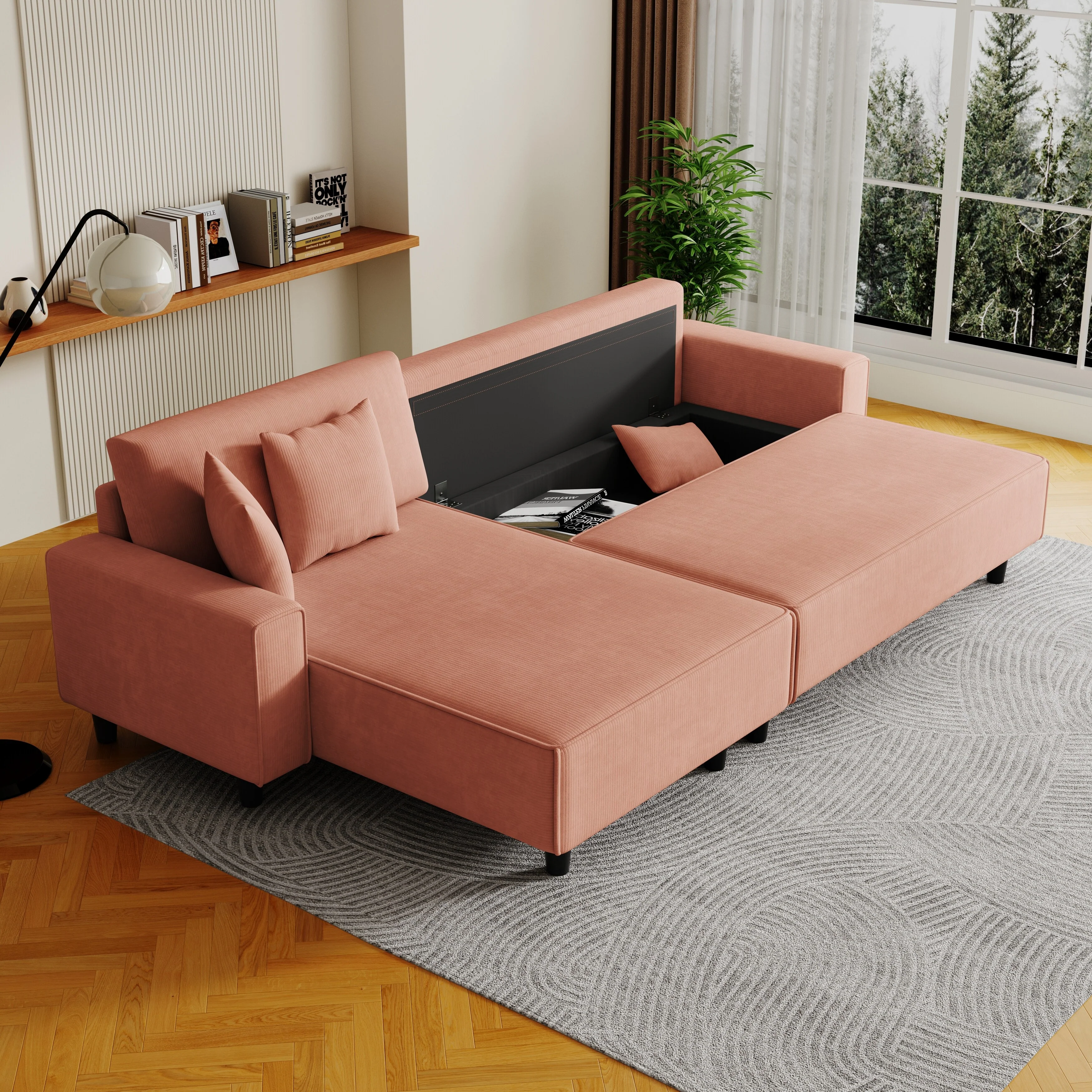 Orange 93'' Corduroy Convertible 3-Seater Sofa Bed with Adjustable Chaise, Two Pillows, and Storage - Space-Saving Design
