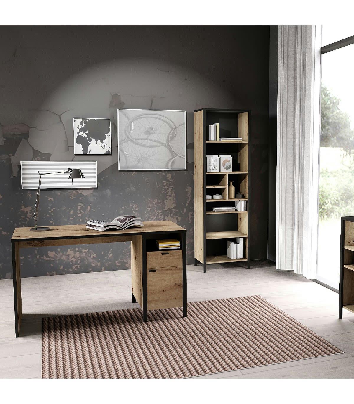 IN LOFT 3 - Bibliothèque 9 étagères décor chêne et gris foncé - L54,5 cm