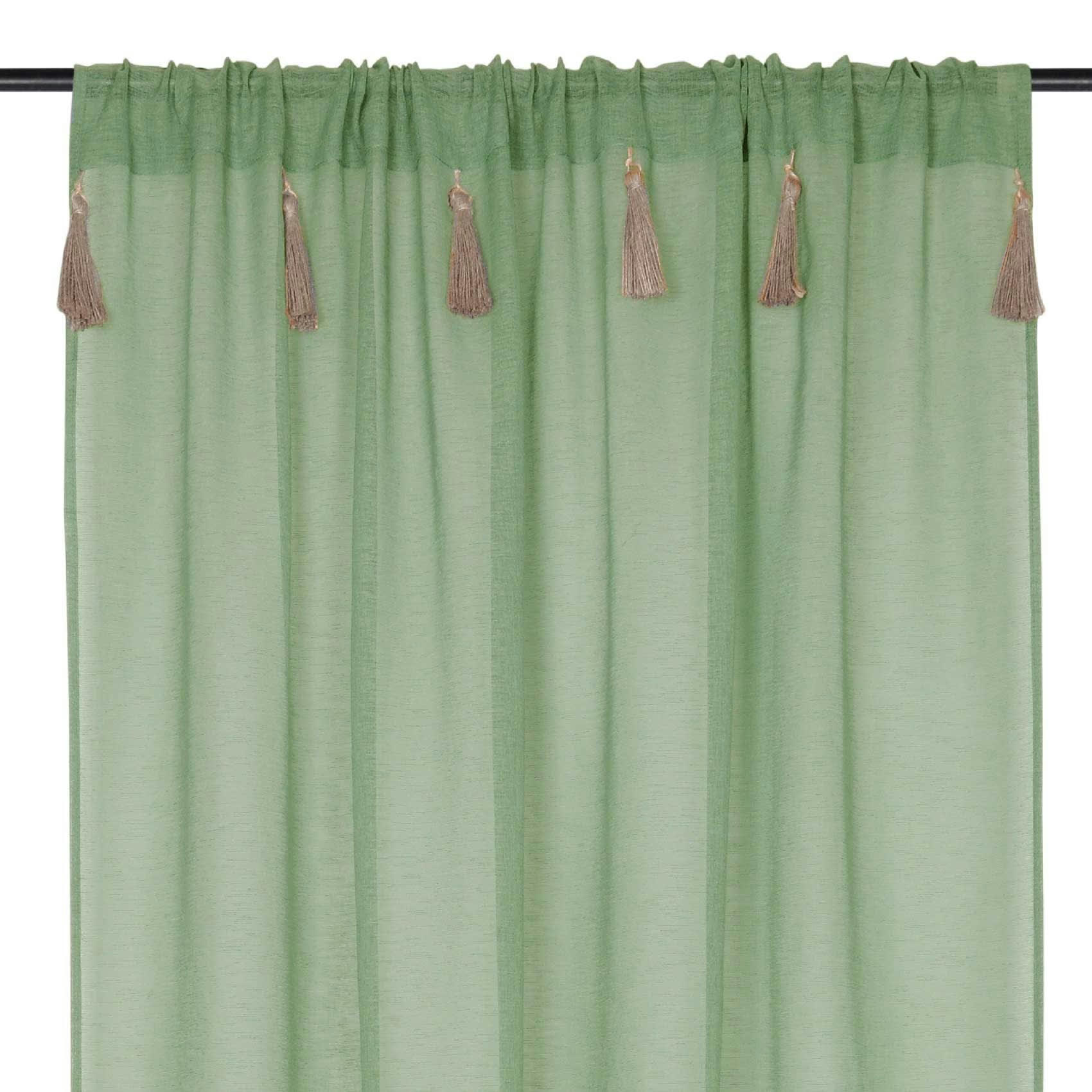 IBIZA - Voilage bohème à pompons en jute polyester jade 260x140cm
