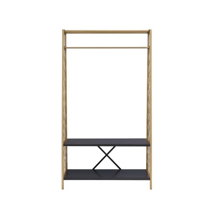 Contemporary line Art Coat Rack Open Frame Hall Tree & Shoe Rack Bench with 2 Tier Metal Shelves and 1 Hanging Rail