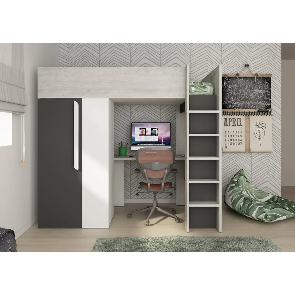 Hoogslaper Beau 90x200 met bureau & kast - schaduwgrijs