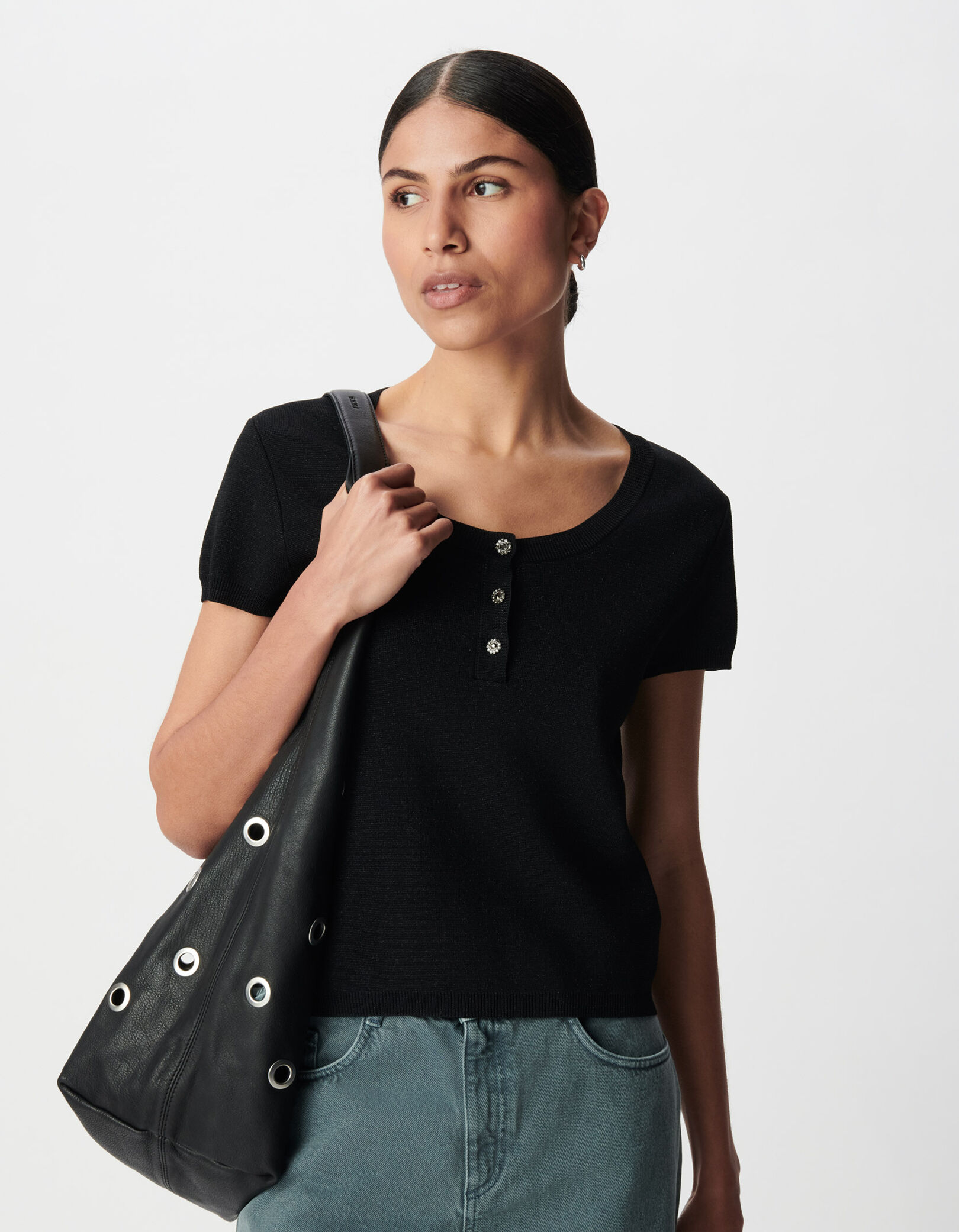 Pull fin noir pailleté encolure boutonnée Femme