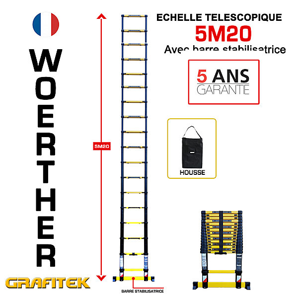 Echelle télescopique Woerther 5m20 avec barre stabilisatrice plus housse