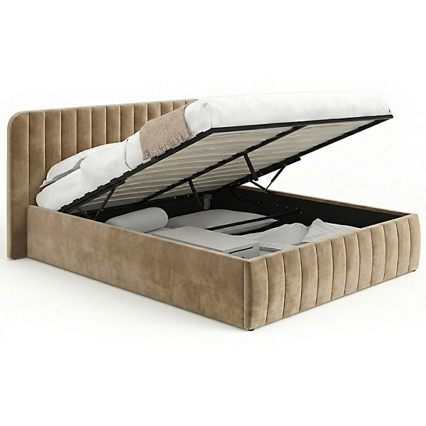 Lit coffre double ALBA avec tête de lit et sommier 140 x 190 cm velours taupe