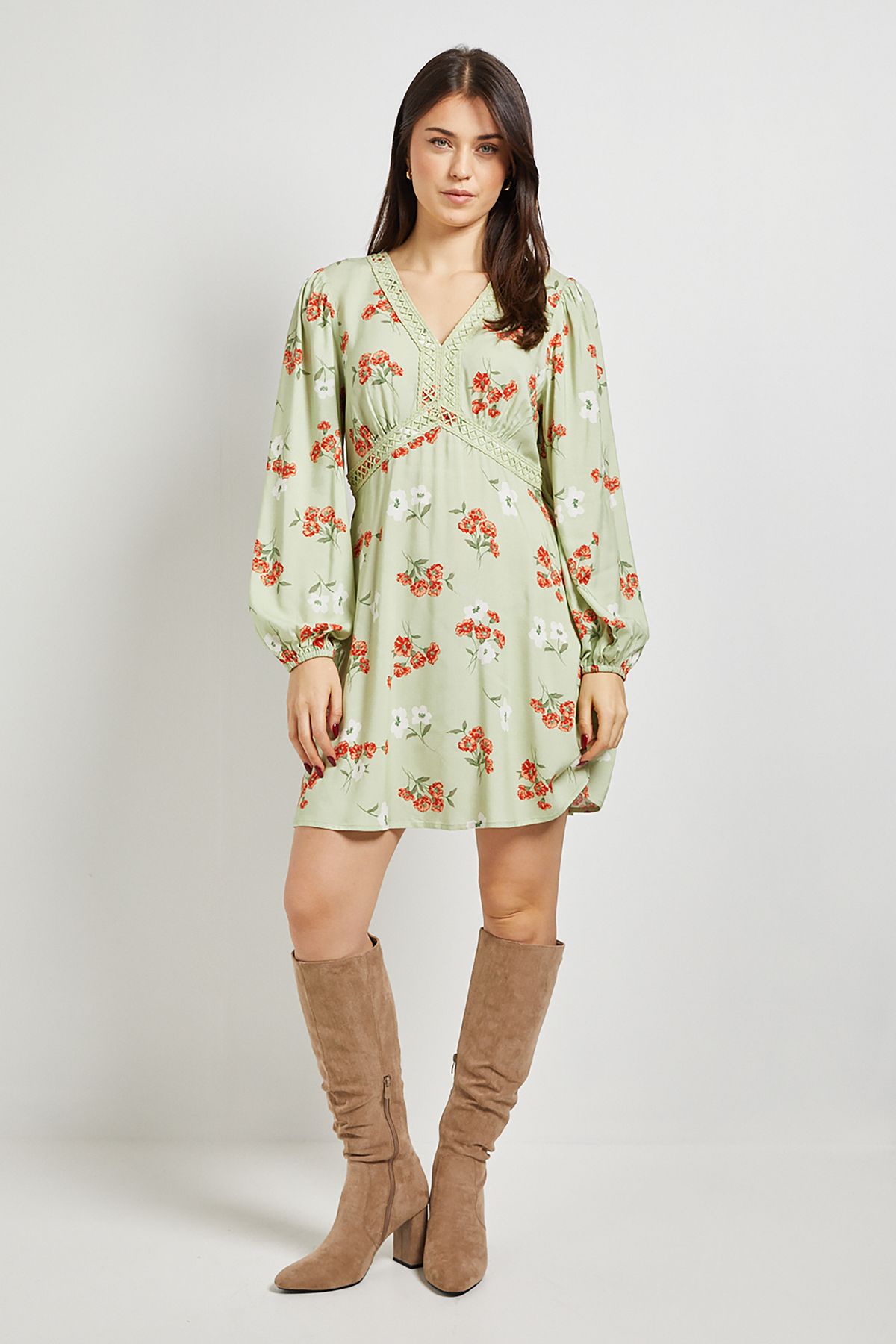 Dorothy Perkins Ditsy Floral Lace Trim Long Sleeve Printed Mini Dress
