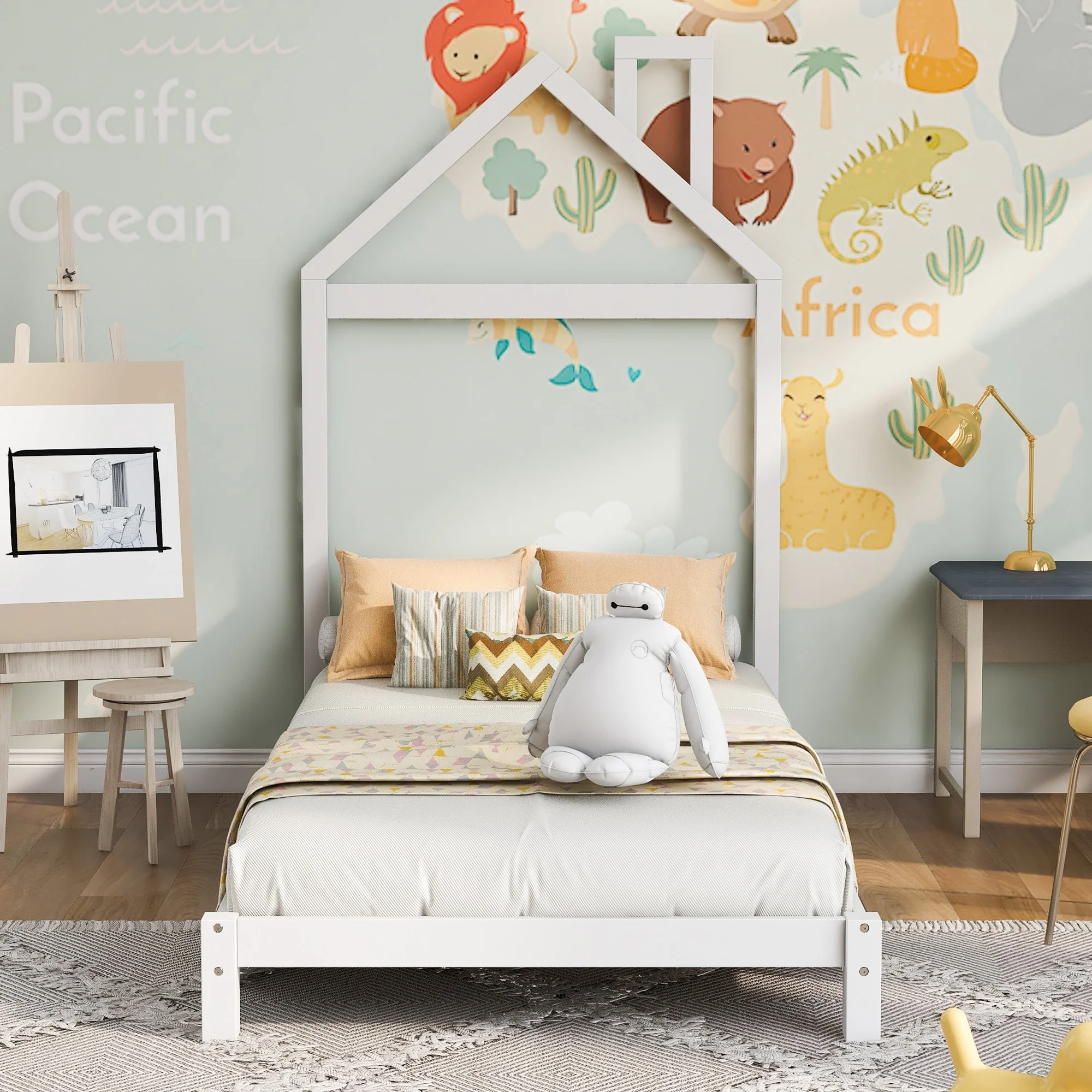 Twin Size Full Size House Bed with Trundle and Roof for Children