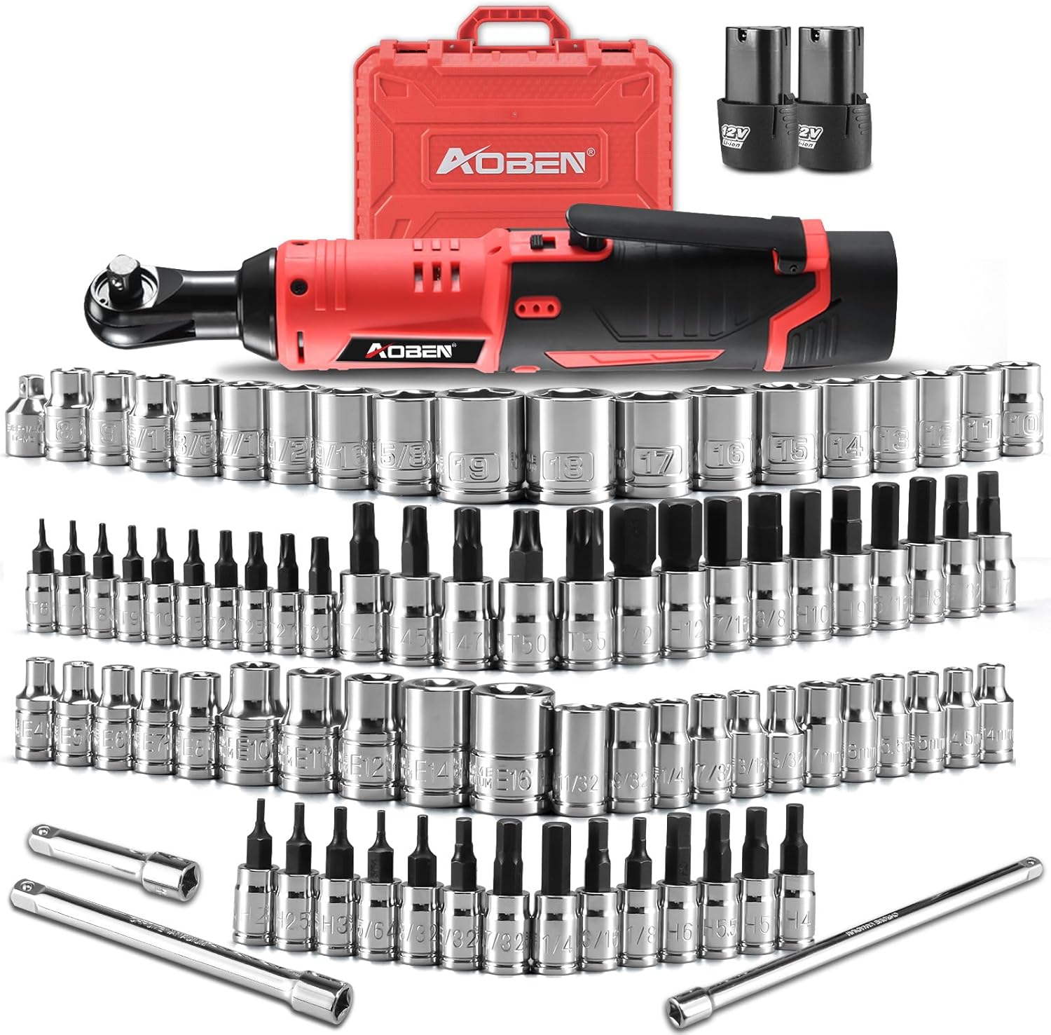 AOBEN Cordless Electric Ratchet Wrench with 83pc 1/4 to 3/8 impact sockets set,12V Electric Wrench with Variable Speed,3/8 to 1/4 Adapter, 3 Extension Bar