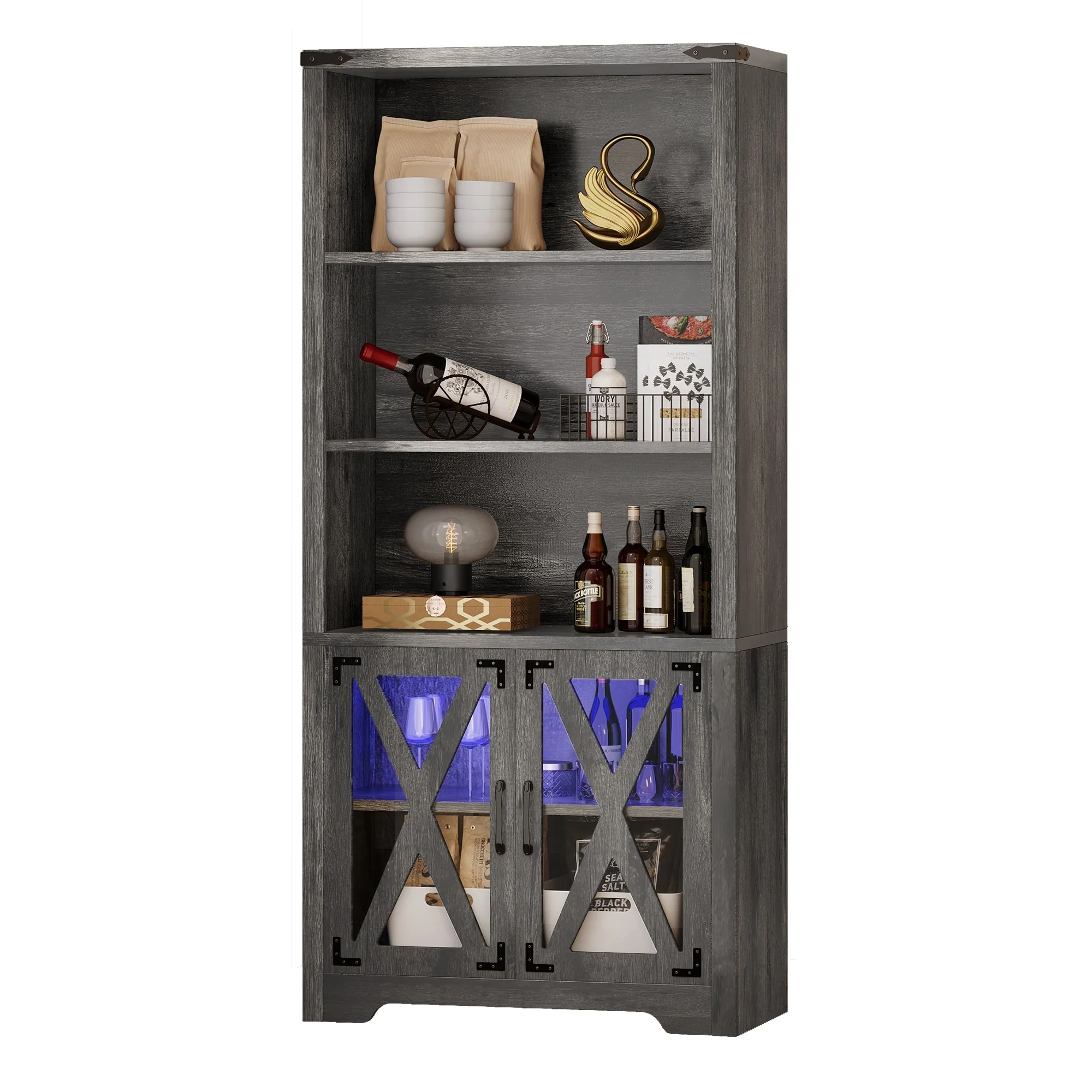 Moasis 5-Tier Open Shelves Bookcase Bookshelf with Acrylic Doors and LED Lights