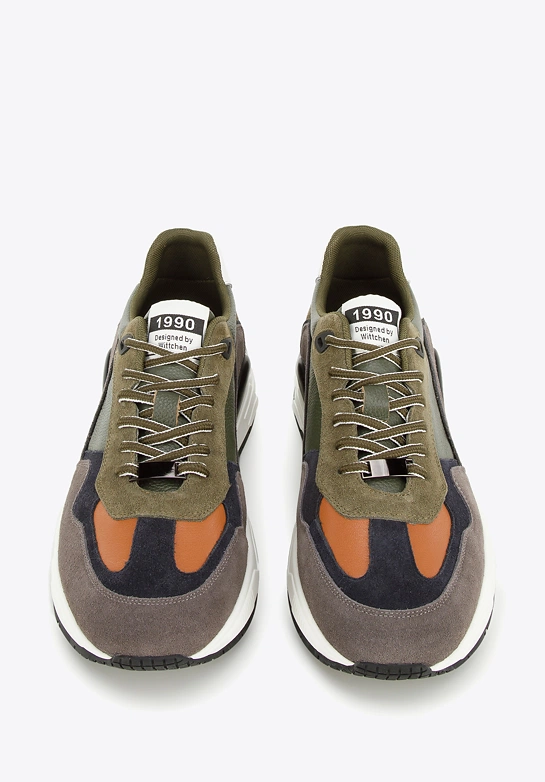 Męskie sneakersy skórzane z motywem w jodełkę zielono-szare
