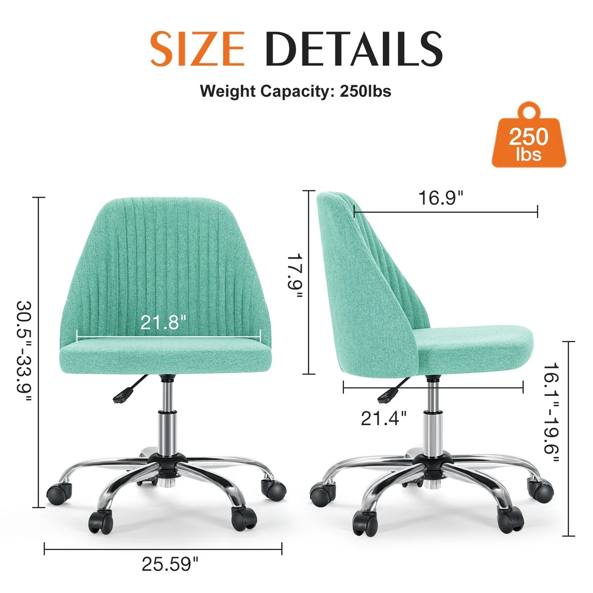 Armless Home Office Desk Chair with Wheels Dressing Chair, Green