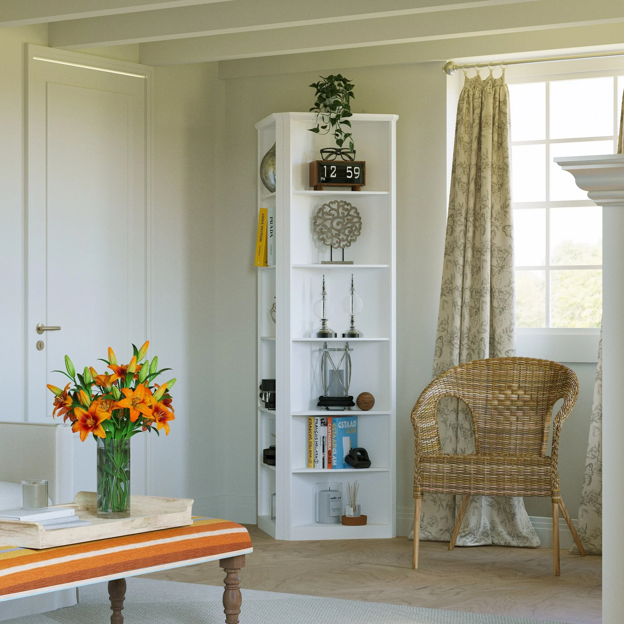 Bookshelf Display Cabinet with 6-Tier Shelves Tall White Corner Bookcase Storage Shelf Unit