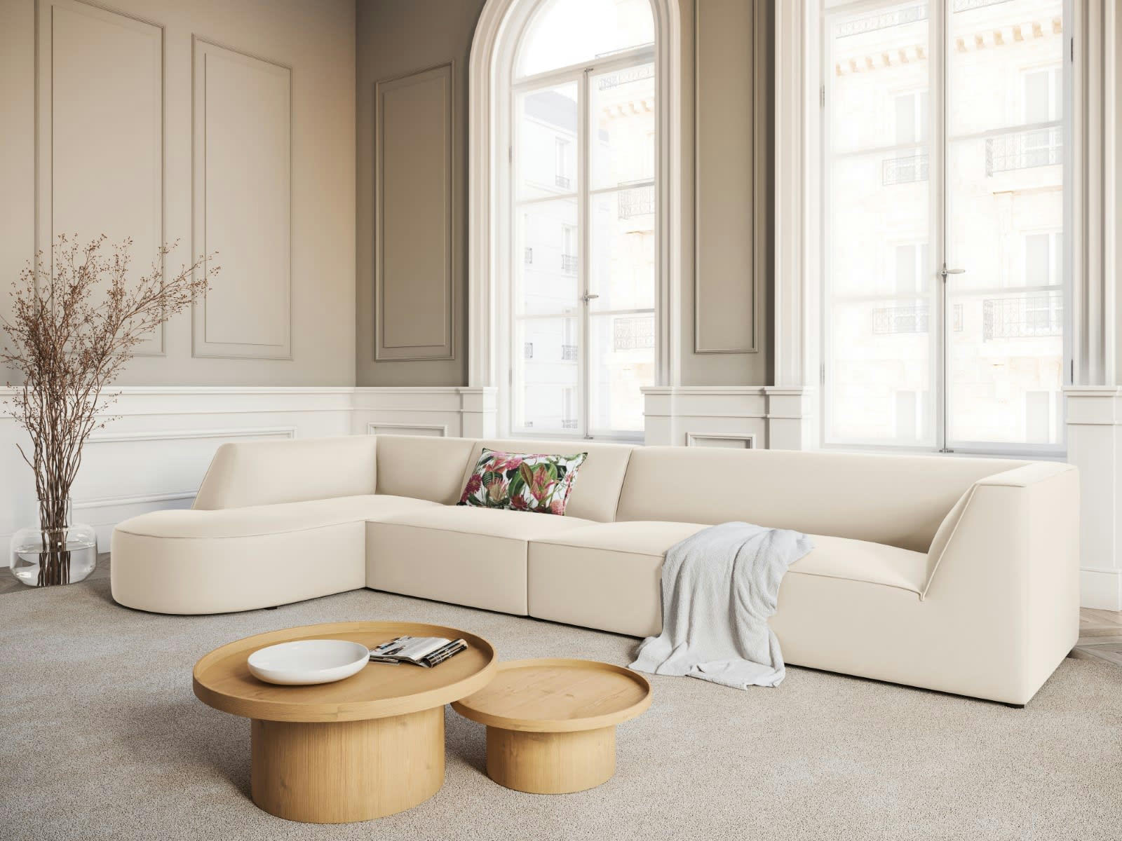 CHARLES - Canapé D'Angle Gauche 5 places en Velours Beige