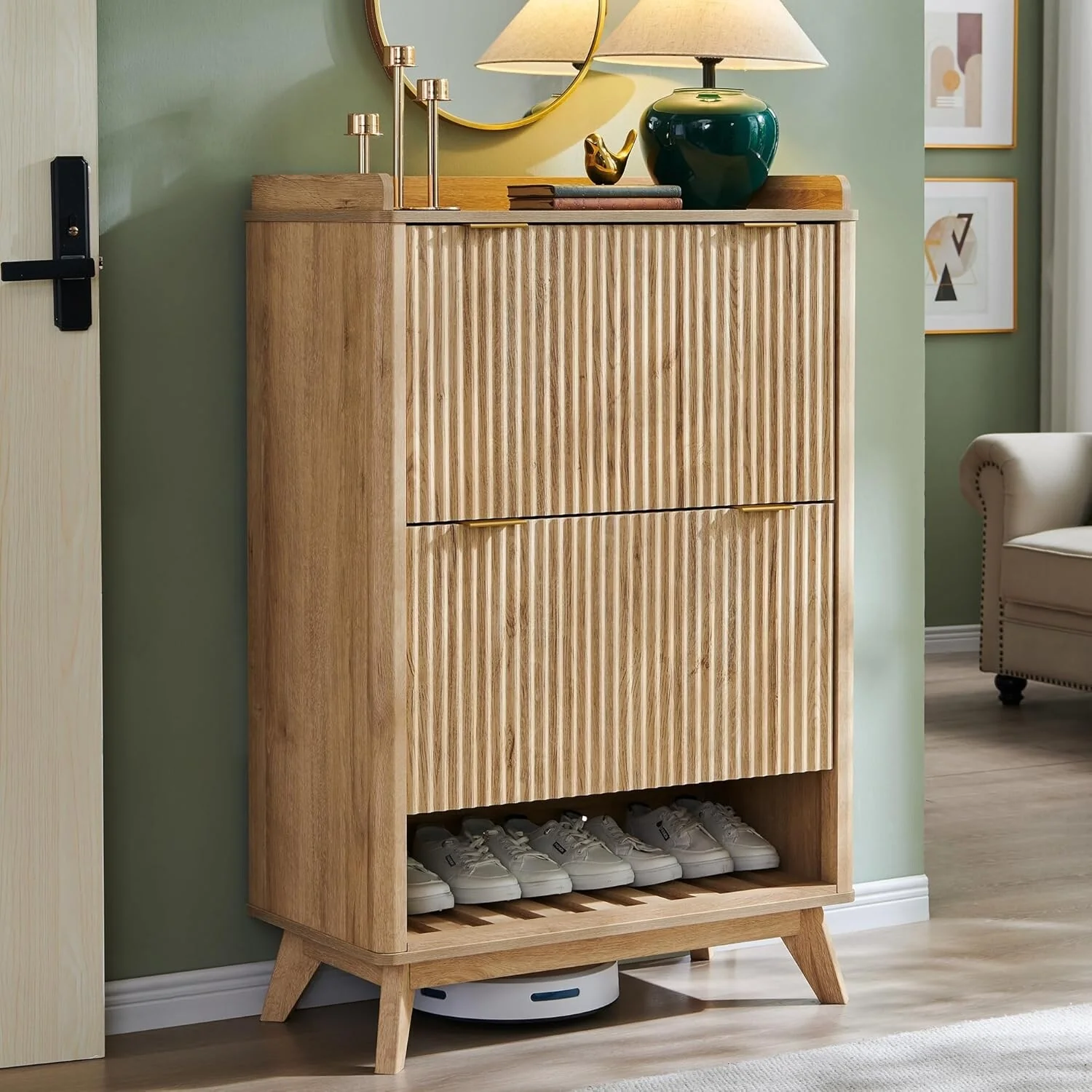 Fluted Shoe Storage Cabinet, Deep Shoe Organizer, Wooden Shoe Rack