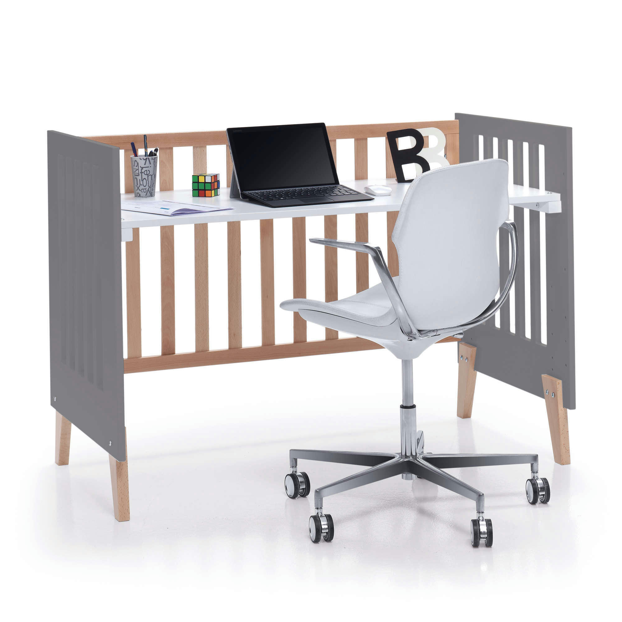 NEXOR - Lit bébé - bureau (2en1) 60x120 cm en gris marengo