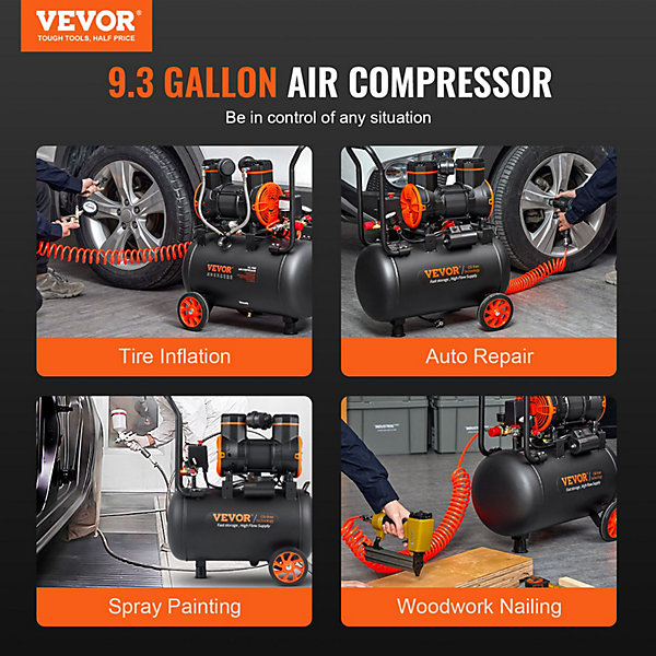 Compresseur air silencieux 35L sans huile 1800W, 8,7 m3 h à 6,2 bar, 70 dB, pour peinture clouage.