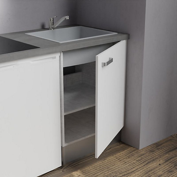 Kitchenette K02 - 120 cm - Façades : Blanc - Plan de travail : Gris béton - Crédences : Non - Evier Gris