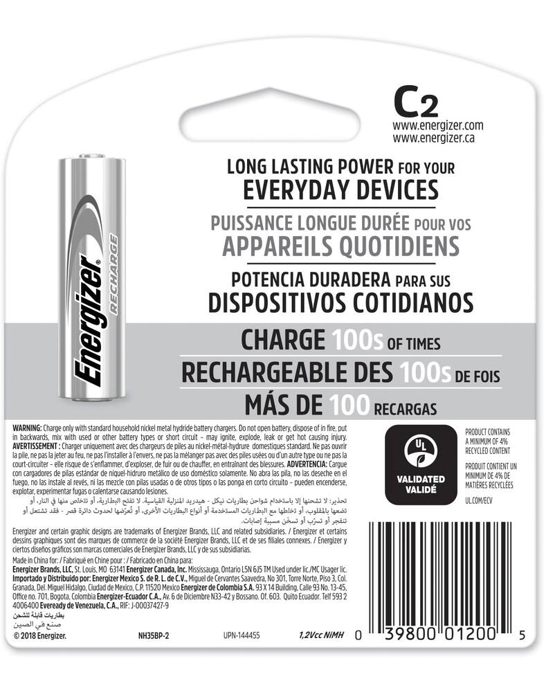 Energizer NH35BP-2 2-pk C NiMH Rechargeable Batteries, Pre-Charged, Long Lasting