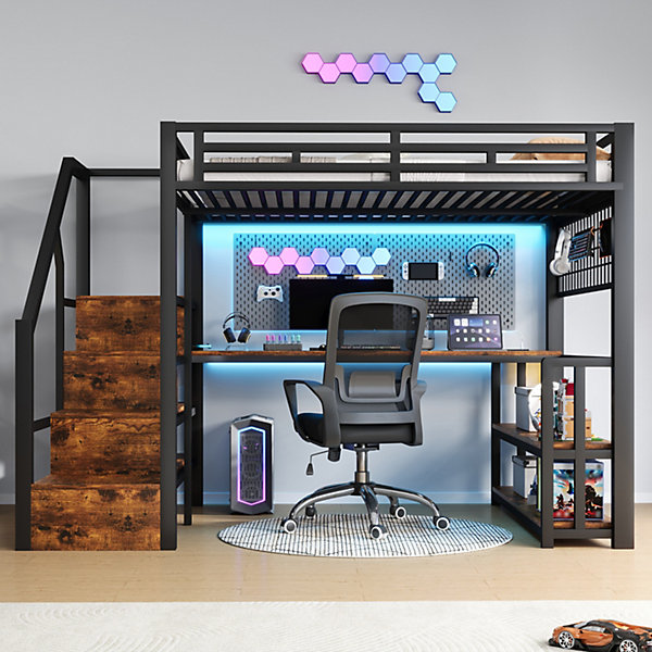 Lit Mezzanine Adulte 140x200 cm - avec Bureau, Rangement et LED - sans Matelas - Métal - Noir