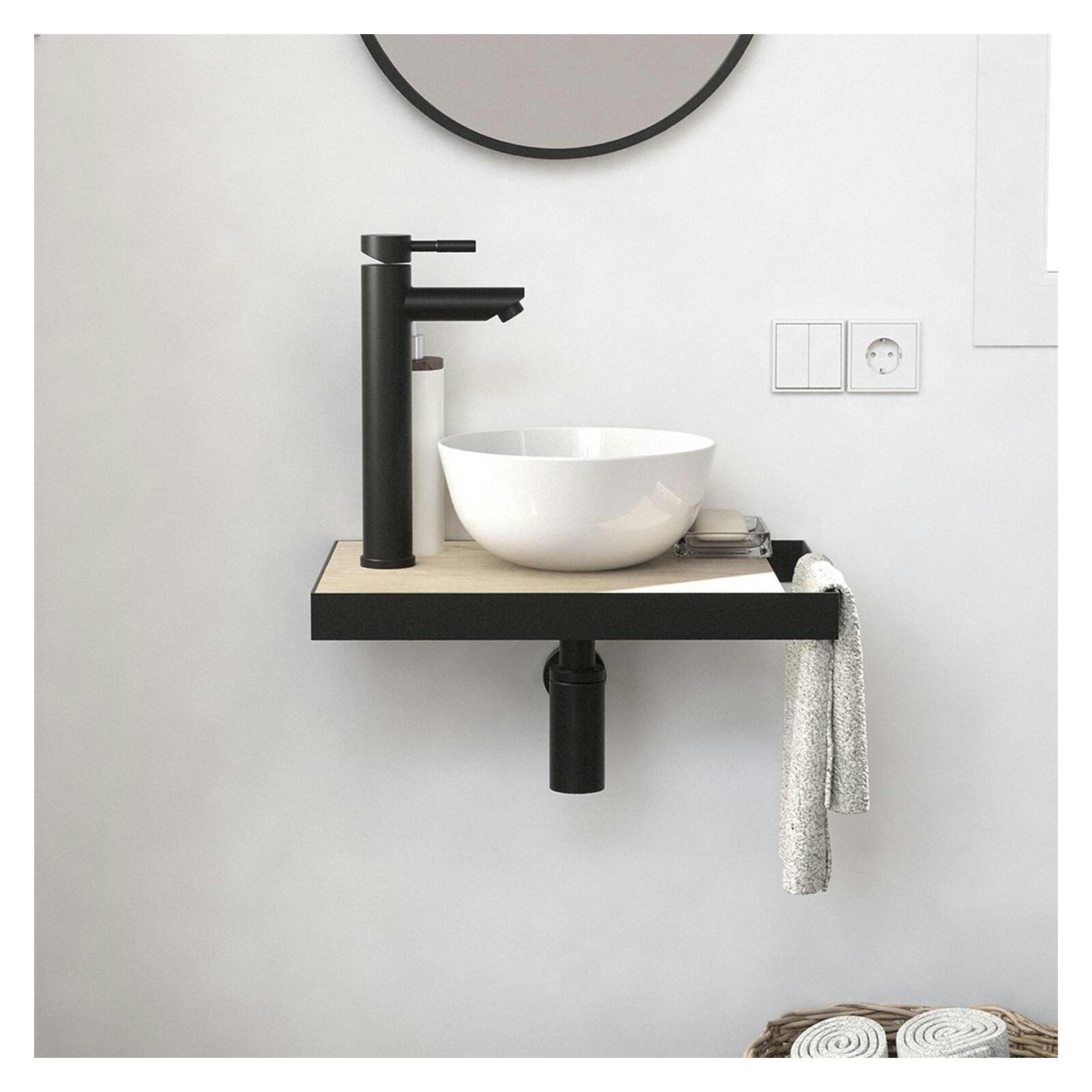 SOHO - Meuble lave-mains  plan fin et porte serviette côté vasque blanche