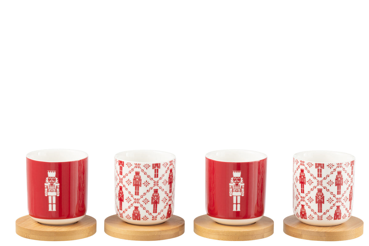 J-Line koffietas   schoteltje Notenkraker - bamboe/keramiek - rood - giftbox van 4 stuks