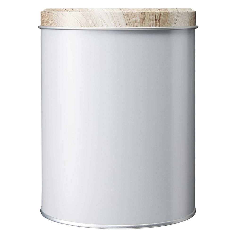BoÎte ronde en métal gris avec couvercle effet bois