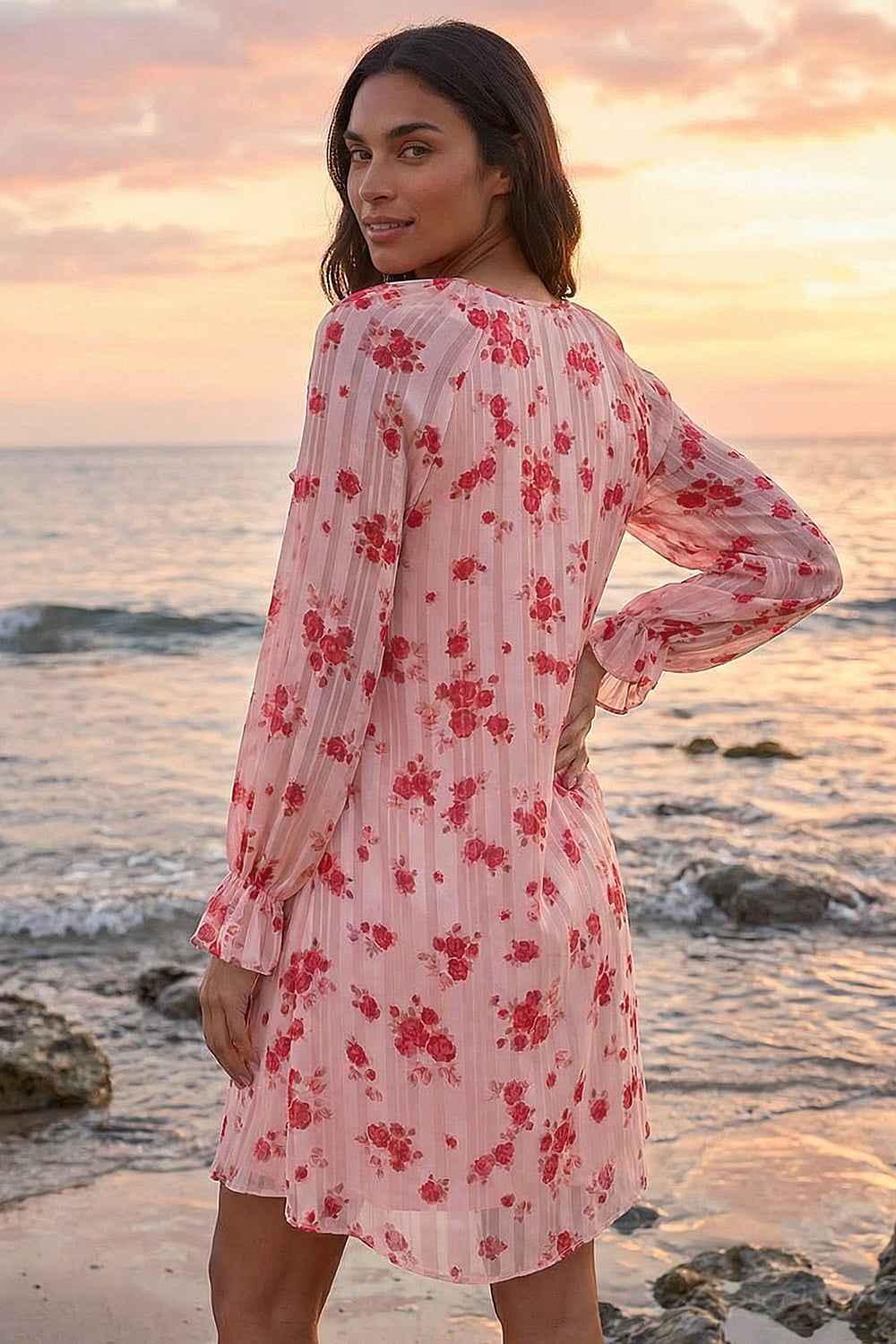 Roman Rose Print Ruffle V-Neck Smock Dress