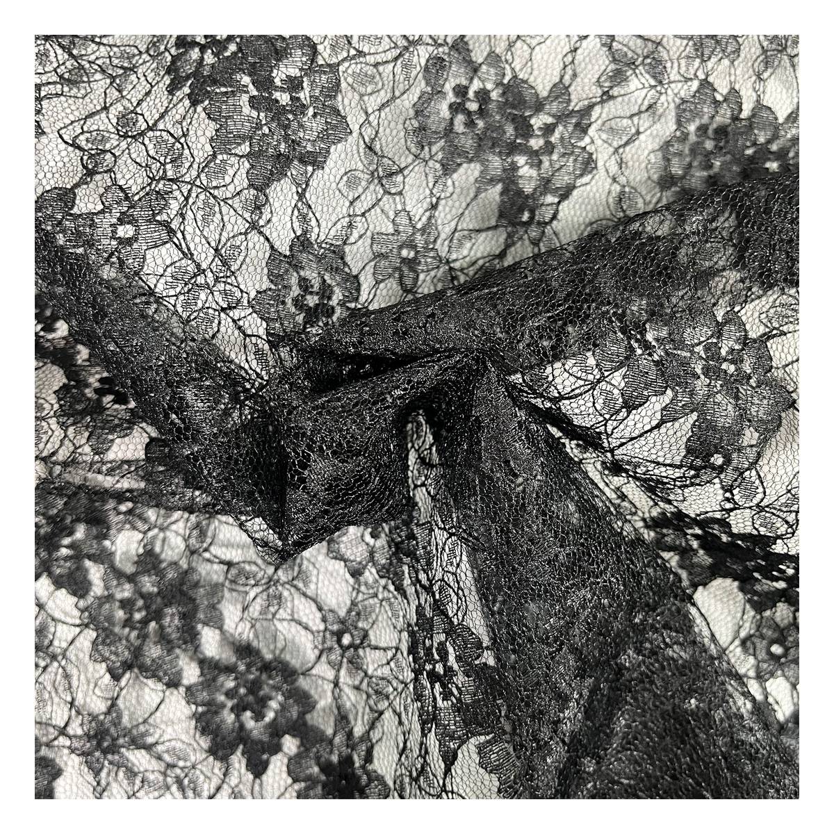 Black Polyester Floral Lace Fabric by the Metre