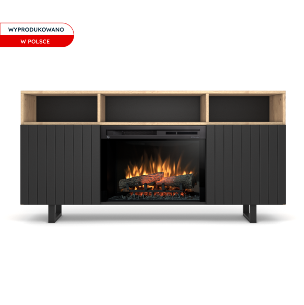 Szarka RTV z kominkiem elektrycznym 166 cm 26" XHD Czarny, Dąb Warmtec