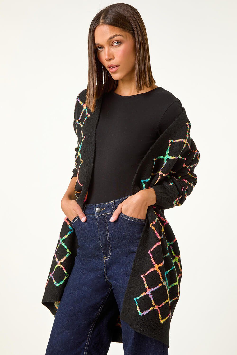 Roman Longline Geometric Print Knit Cardigan
