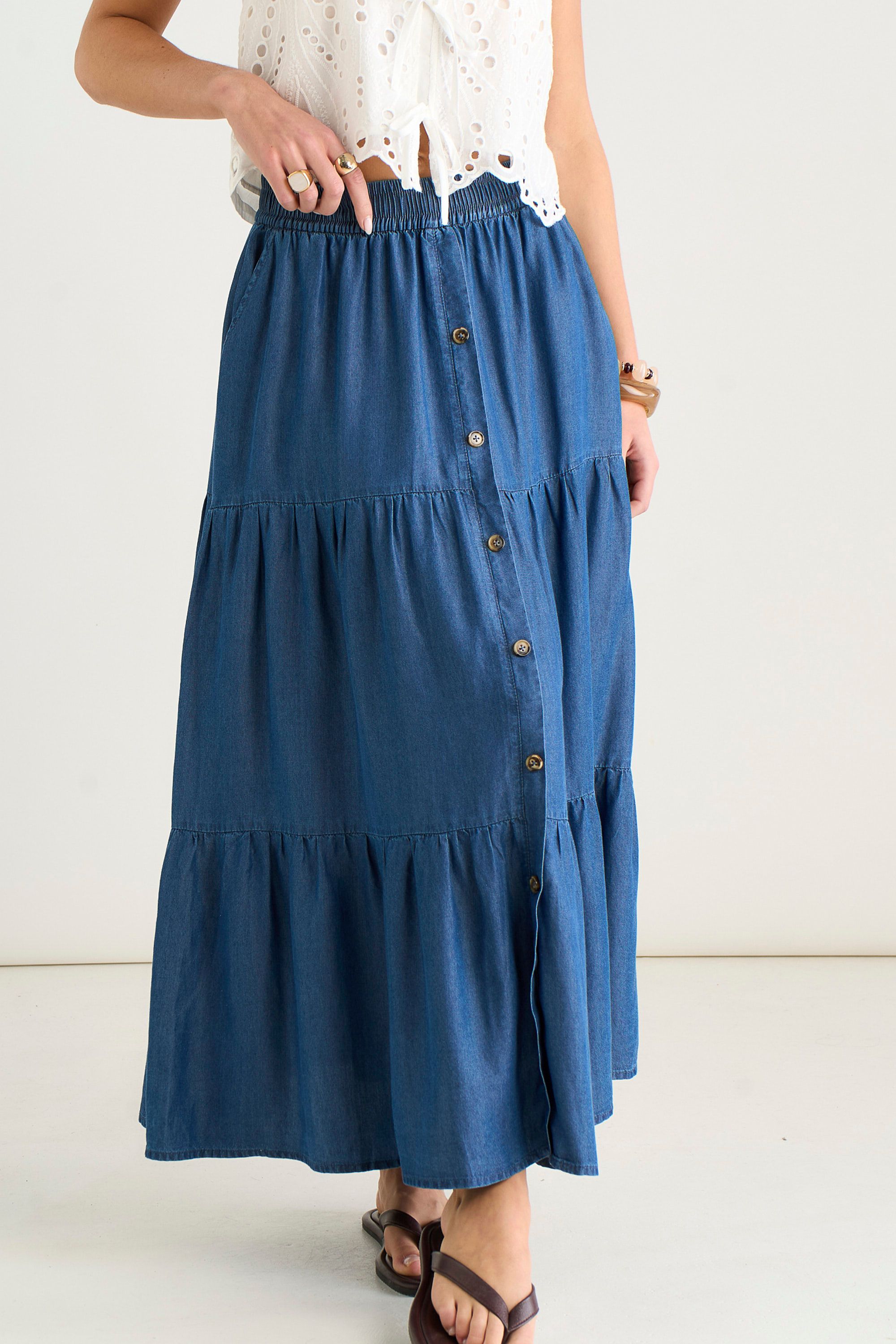Gini London Blue Chambray Elasticated Button Front Midaxi Skirt